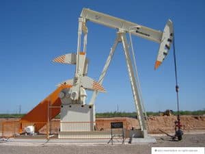 1. Large oil pumpjack used for crude oil extraction in oilfield.
