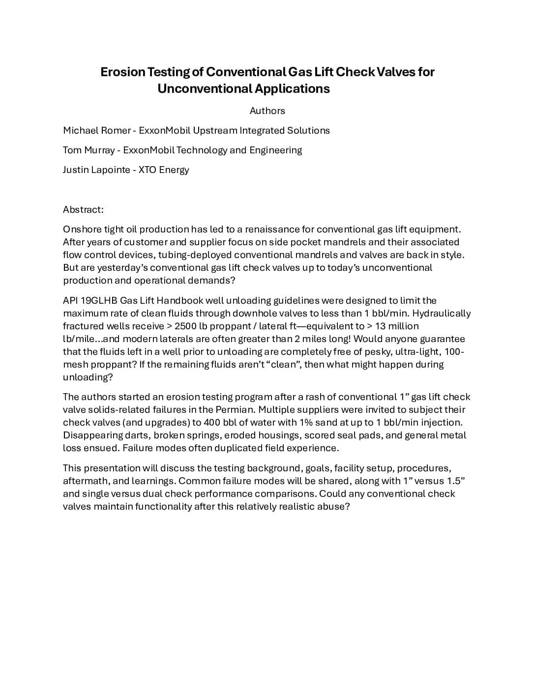 Erosion Testing of Conventional Gas Lift Check Valves for Unconventional Applications