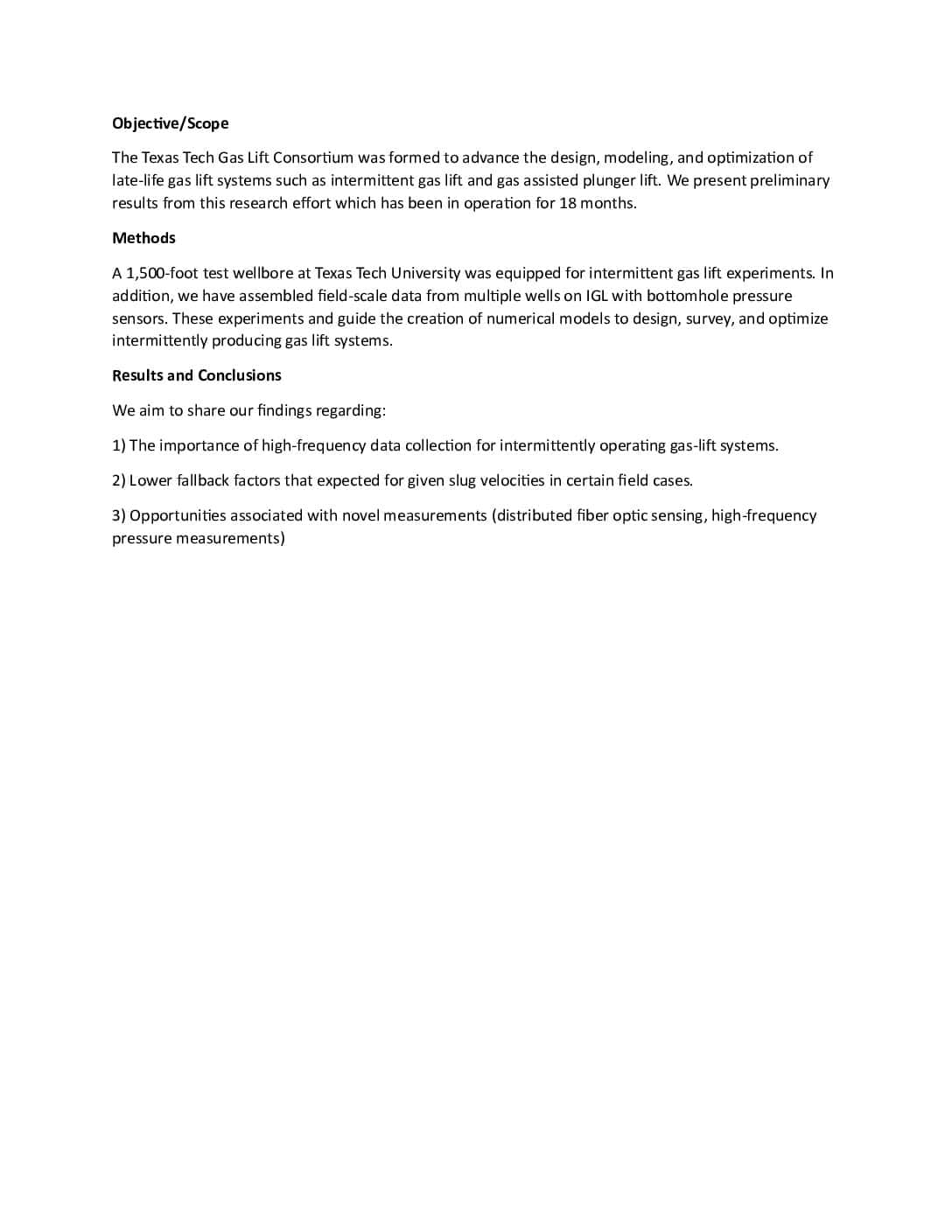 The Texas Tech Gas Lift Consortium: Advancing Late-Life Gas Lift Technologies