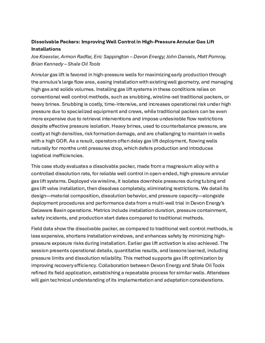 Dissolvable Packers: Improving Well Control in High-Pressure Annular Gas Lift Installations