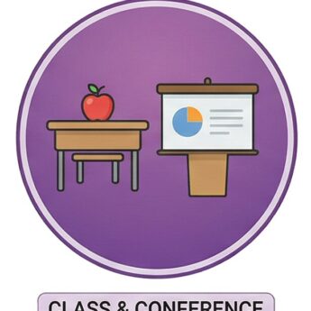 Classroom and conference presentation with apple on desk and presentation board.