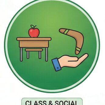 Illustration of a hand, desk with apple, and boomerang for class and social event.