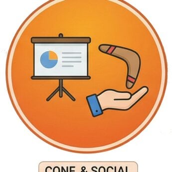 Illustration of a hand holding a boomerang with a presentation screen, for a conference and social f.