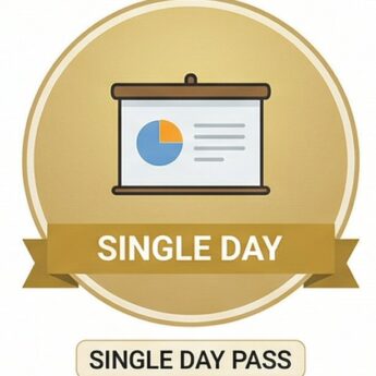 Single day conference pass icon with presentation chart and banner.